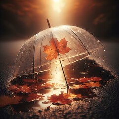 Wall Mural - A transparent umbrella with water droplets sits in a puddle on a road, creating a naturally abstract and blurred autumn background.