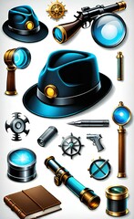 Wall Mural - A vector set of detective icons featuring various elements such as a magnifying glass, cap.