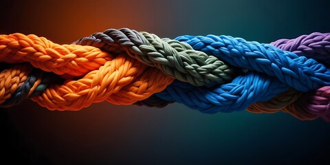 Team rope diverse strength connect partnership together teamwork unity communicate support. Strong diverse network rope team concept integrate braid color background cooperation empower power.