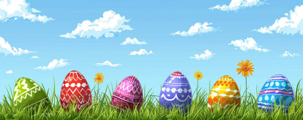 Poster - A colorful row of eggs are scattered across a field of grass. The sky above is cloudy, creating a moody atmosphere
