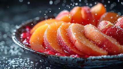 **Fresh nectarine slices sprinkle isolated on a solid charcoal background