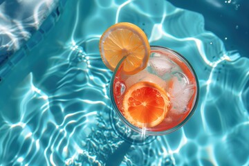 Wall Mural - Ice Cold Cocktail Drink Beverage Sitting in Pool, Summer Party Fun Backdrop, Whimsical Hot Sunny Day Wallpaper, Blue Water Themed Background Graphic