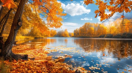 Autumn scene with a lake yellow trees and vibrant colors