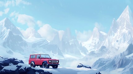 Poster - A red jeep sits on a snowy mountain path with a majestic mountain range in the background.