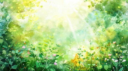 Wall Mural - Colorful Watercolor Nature Background in Garden with Sunlight and Greenery