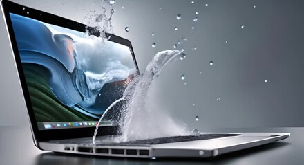 Waterproof laptop with water splashes on the screen.