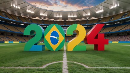 Wall Mural - Football championship 2024, Soccer ball in the colors of the flag of Brazil on the background of the stadium with the numbers 2024, the concept of the international football championship and sports