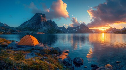 wild camping in the lofoten islands. camping tent among mountains. sunset over camping spot behind polar circle.