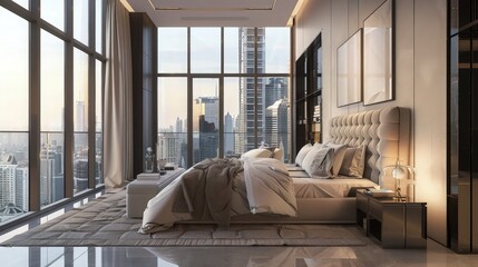 luxury kin size bed with window building view 