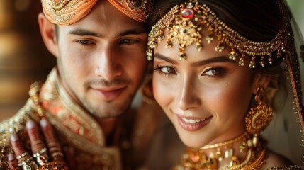 A couple in traditional clothing are smiling at the camera