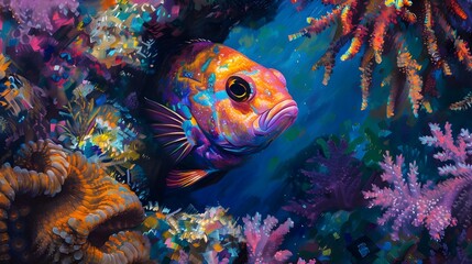 Wall Mural - A colorful reef fish peering out from a crevice in the coral, its vibrant scales shimmering in the dappled sunlight.