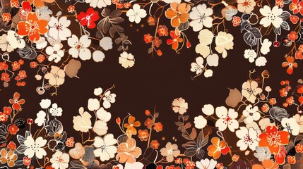 Wall Mural - Indian batik style vintage vertical pattern with cherry design in brown orange and beige colors Seamless floral backdrop with space for text