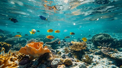 A beautiful underwater scene with a variety of fish swimming around coral