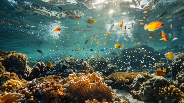 A beautiful underwater scene with a variety of fish swimming around coral