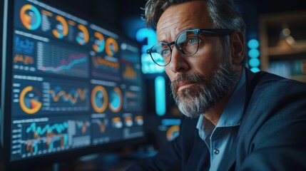 Wall Mural - Analyzing Business Diagrams: Middle-aged Businessman in Eyeglasses Studying Marketing Statistics and Finance Graphs on Large Desktop Monitor in Office