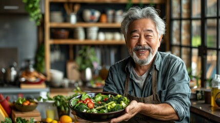 Healthy Asian Senior Enjoying Fresh Vegetable Salad for Lunch at Home