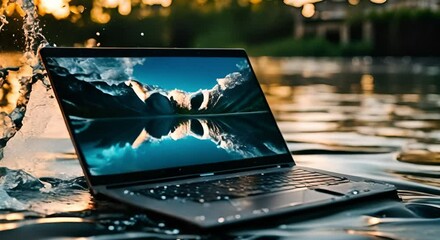Waterproof laptop with water splashes on the screen.