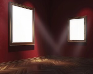 Two empty frames, one large and one small, hanging on a dark red wall in an art gallery with a herringbone wooden floor, light beams creating gentle shadows.