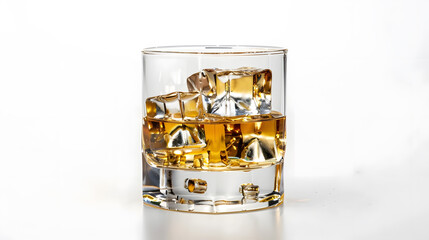 Poster - Old fashioned glass with whiskey and ice cubes on white : Generative AI