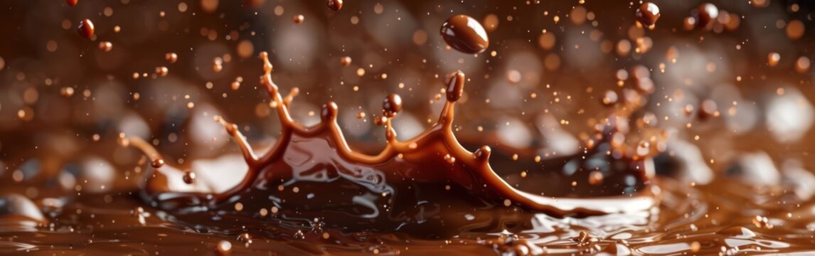 Chocolate Splash: Mouthwatering Food Photography of Brown Liquid Chocolate with Splashing Drops Isolated on White Background