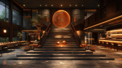 Sticker - A restaurant with a double staircase, the background wall facing the staircase is designed in a new Chinese style, and the perspective of the background wall facing the staircase. 