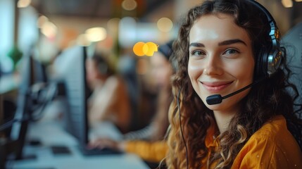 Wall Mural - Professional female customer support representative with headset working at call center