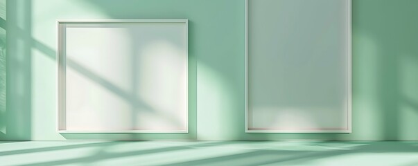 Wall Mural - Two empty square frames on a mint green wall, with gentle spotlights enhancing the fresh and calming atmosphere