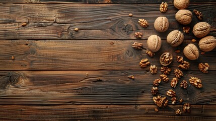 Top view of wood background with fresh walnuts