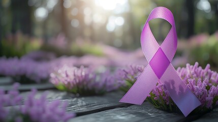 Poster - Close-up of a purple ribbon on a wooden surface with purple flowers in the background.