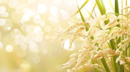 Wall Mural - White rice and paddy rice with rice plant background.
