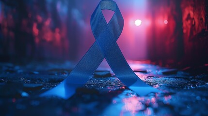 Poster - A blue ribbon lying on a surface with an out-of-focus background.