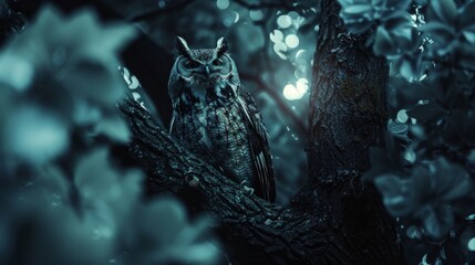 a large owl is perched on a tree branch in the dark