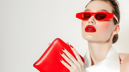 Wall Mural - Fashionable woman with  stylish red clutch  accessories sunglasses white background : Generative AI