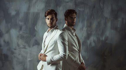 Canvas Print - Portrait of two handsome confident stylish hipster lambersexual models Sexy modern men dressed in white same elegant suit Fashion male posing in studio near grey wall : Generative AI