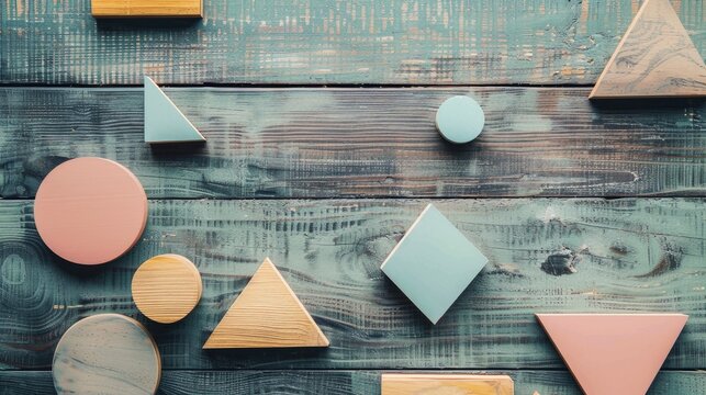 Geometric shapes on wooden surface with space for text Overhead view flat lay