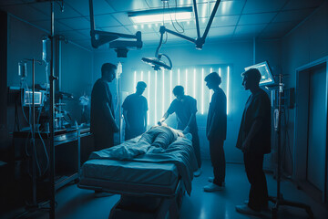 Wall Mural - A group of people are standing around a bed in a hospital