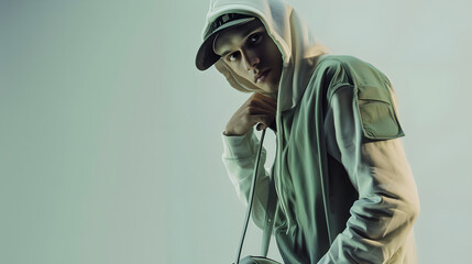 Wall Mural - Full body young man wearing a white hoodie with green shirt with hat holding handbag in studio : Generative AI