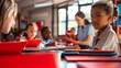 © Mehram - Back to School: Children Sitting at Desks with Bright Red Notebooks, Teacher Engaging with Students, Modern Classroom Setting, Natural Light
