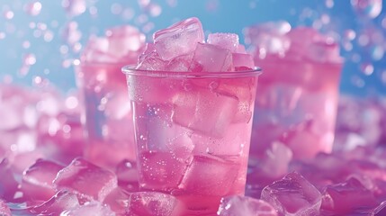 Wall Mural - Pink lemonade with ice cubes in a glass, refreshing summer drink.