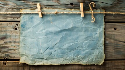 Sticker - Vintage wooden background with blue paper and clothespins holding letter with empty space