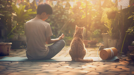 Canvas Print - Person meditating with a cat in a serene garden at sunrise