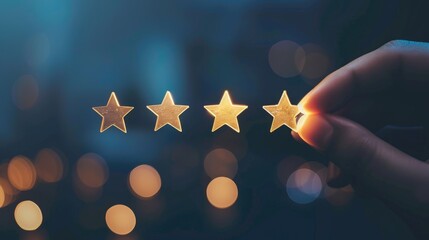 A hand is pointing at four stars, Giving positive review for client's satisfaction surveys, The best excellent business services rating customer experience concept