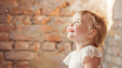 Wall Mural - Happy child little girl laughing at a blank empty brick wall : Generative AI