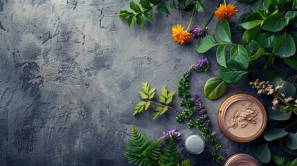 Wall Mural - Organic makeup items with foliage on concrete surface Empty area top view