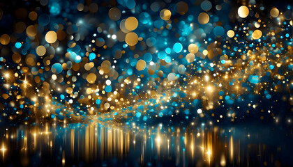 Wall Mural - Blue and gold bokeh texture lights on a black background blurred bokeh light background, Christmas and New Year holidays background, texture image could be used as a website or presentation 