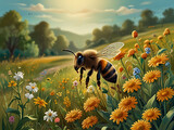 Colorful cartoon honeybee in a meadow with flowers, cute bee
