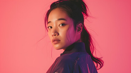 Wall Mural - Portrait of young Asian woman in sporty fashion on pink background : Generative AI