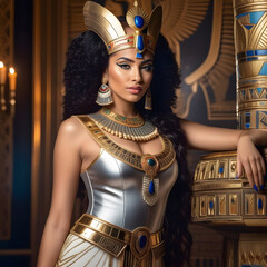 Wall Mural - Portrait photo of an Egyptian queen wearing a luxurious dress with ornaments and armor, opulent room.