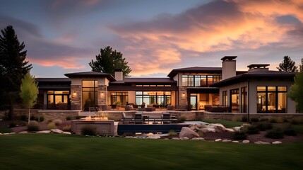 Wall Mural - Panoramic view of a luxury home with a beautiful sunset in the background