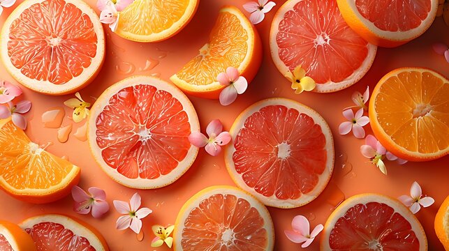 **Uglifruit slices with flower petals sprinkle on a solid burnt orange background